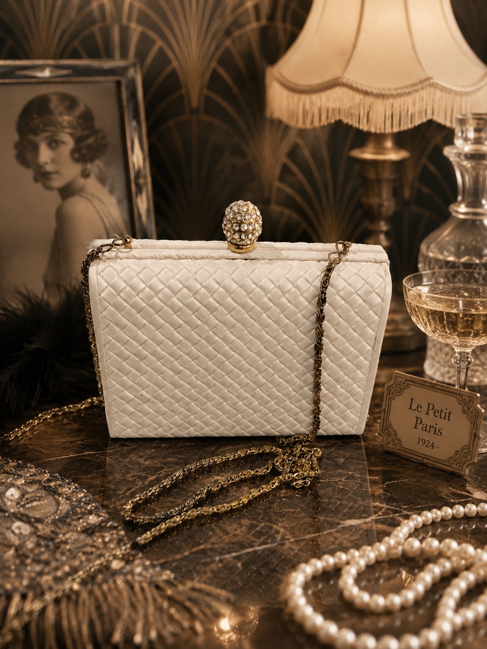 Vintage Saks Fifth Avenue Quilted Box Clutch Crystal Clasp Evening Bag